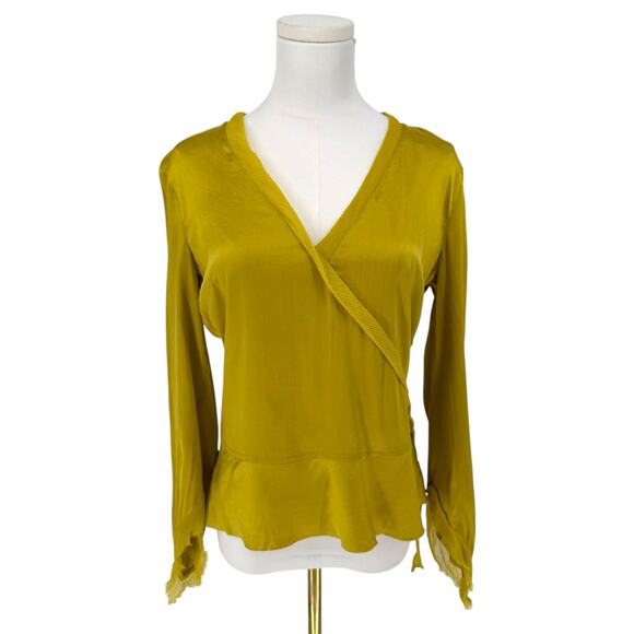 Y2K Vintage BCBGMaxAzria Chartreuse Silk Bias Cut V-Neck Blouse M - Picture 1 of 7